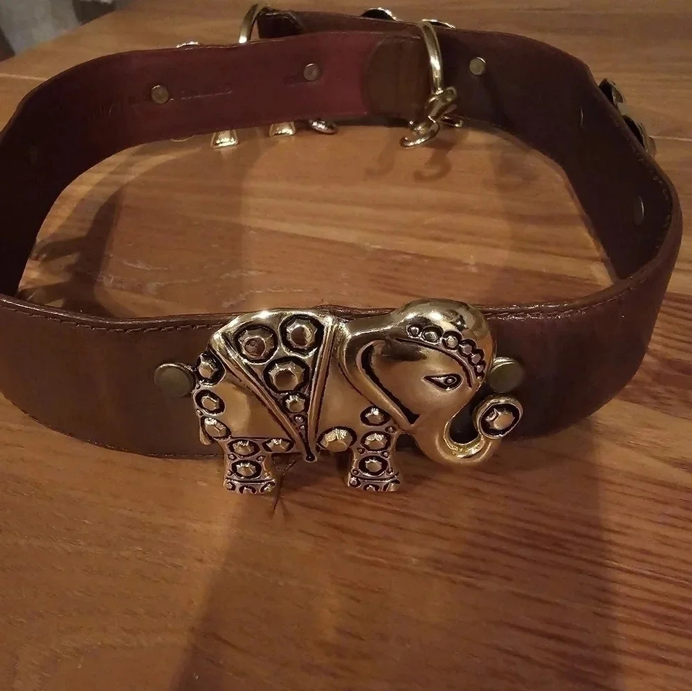 Kim Rogers Vintage Brown Leather Belt with Gold Toned Elephant Detail